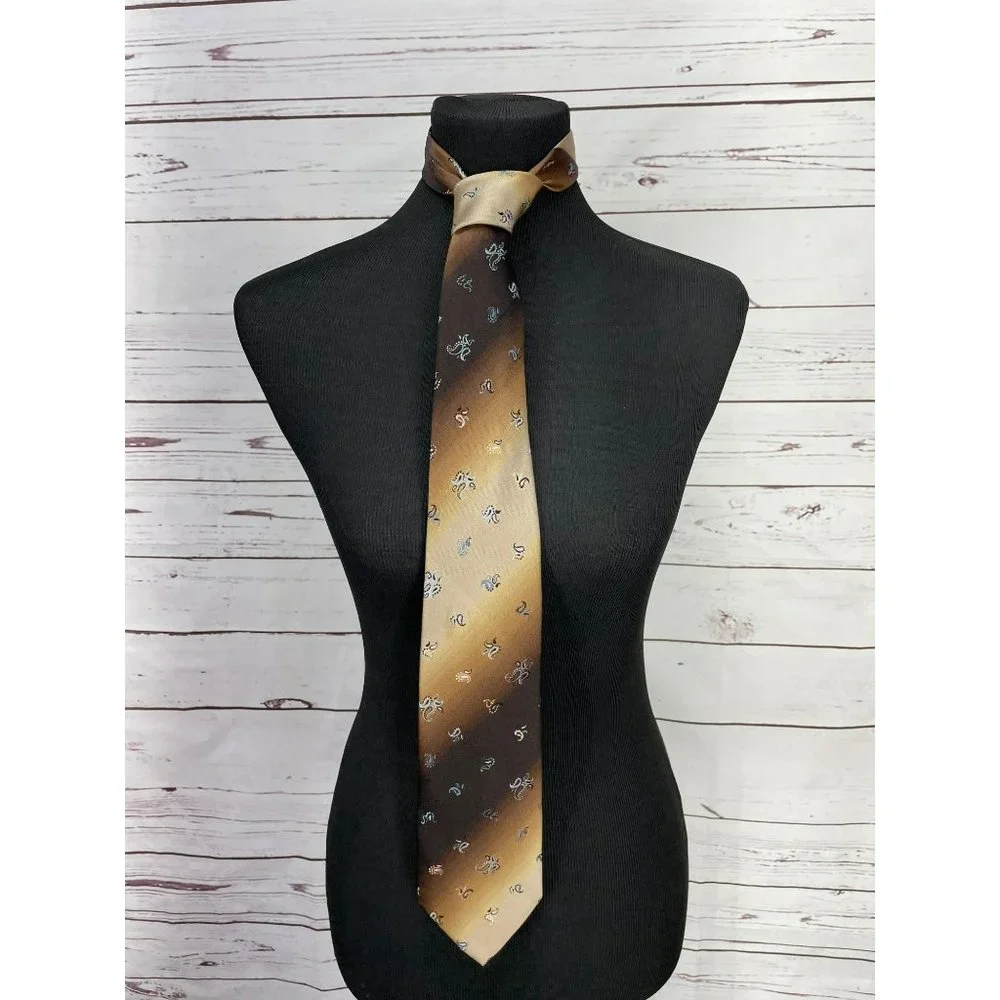 Vintage Oleg Cassini‎ Thin Woven Brown Tan Bronze Paisley Necktie